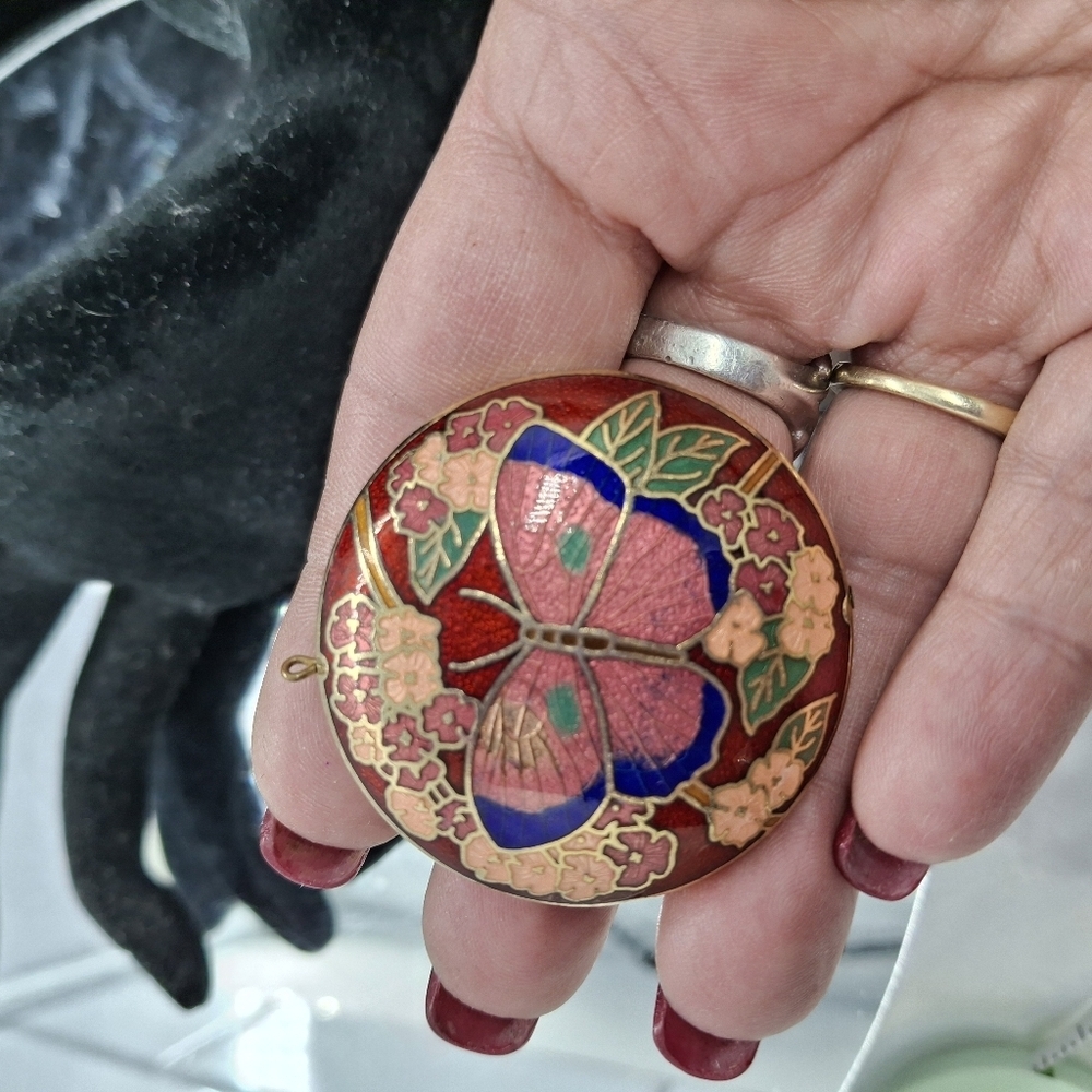 Cloisenne butterfly pendant  large double sided 3D